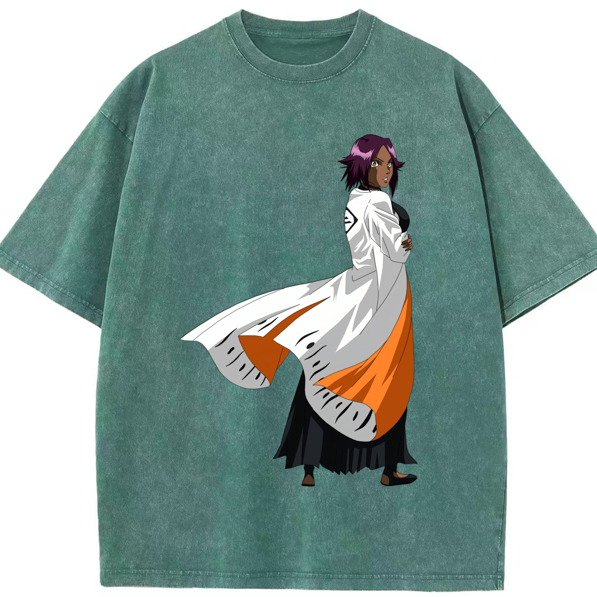 （画像用） ブリーチ 四楓院 夜一（しほういん よるいち） BLEACH Shihouin Yoruichi 綿100% ヴィンテージ風 半袖Tシャツ（フロントプリント）